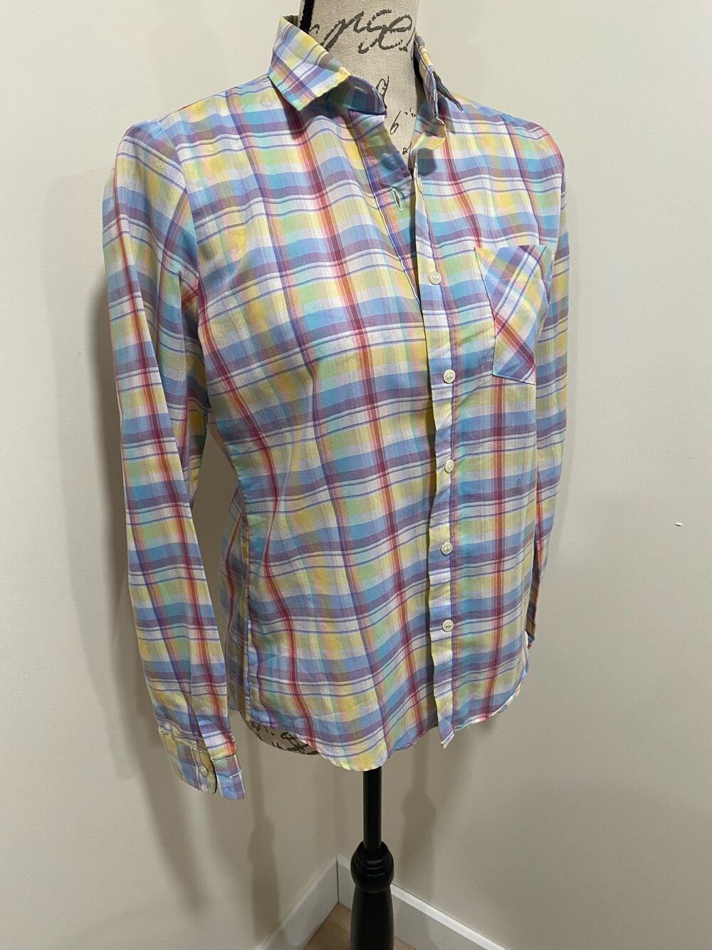 VTG Chic by His Blue & Yellow Plaid Button Up Long Sleeve Shirt Size Medium